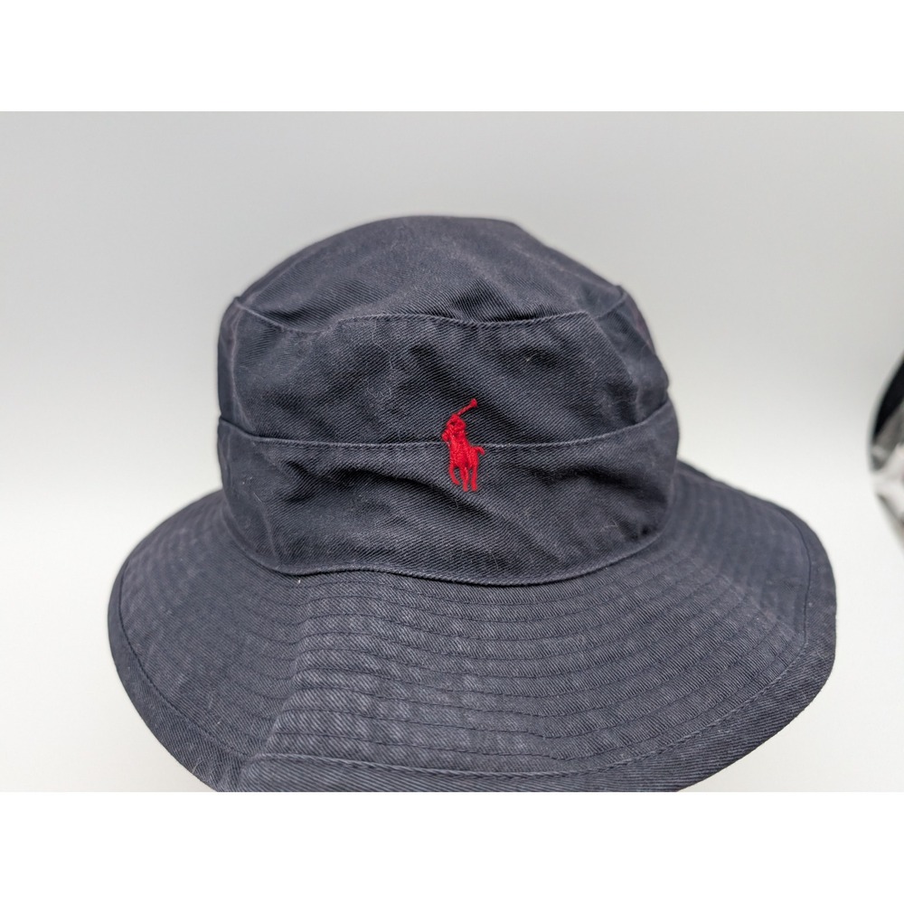 Vintage Polo Ralph Lauren Navy Cotton Bucket Hat Red Pony Logo USA Made L/XL